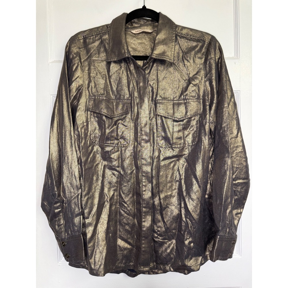 Soft Surroundings Zaffina Metallic Gold Lyocell Button Down Shirt 2GA29 Womens S